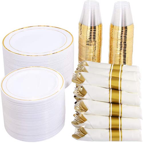 Disposable Gold Silverware and Cups WELLIFE 96 Pcs Gold Plastic Plates 16 Salad Plates 7.5 16 Cutlery and Cups Gold Dinnerware Set Ideal Includes: 16 Dinner Plates 10.25
